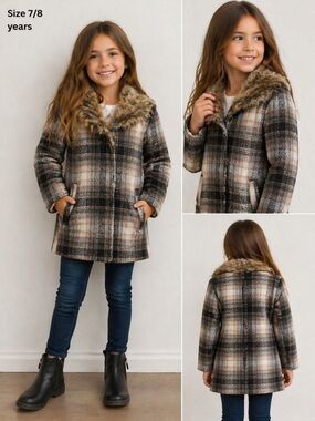 F&F Girls Plaid Coat Faux Fur Collar Jacket Size 7/8